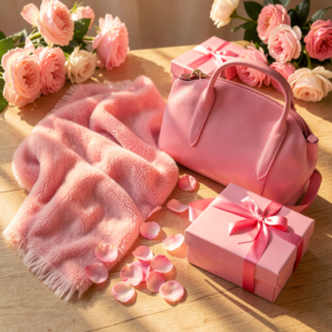 Un ensemble de cadeaux en rose sur une table, idée cadeau anniversaire