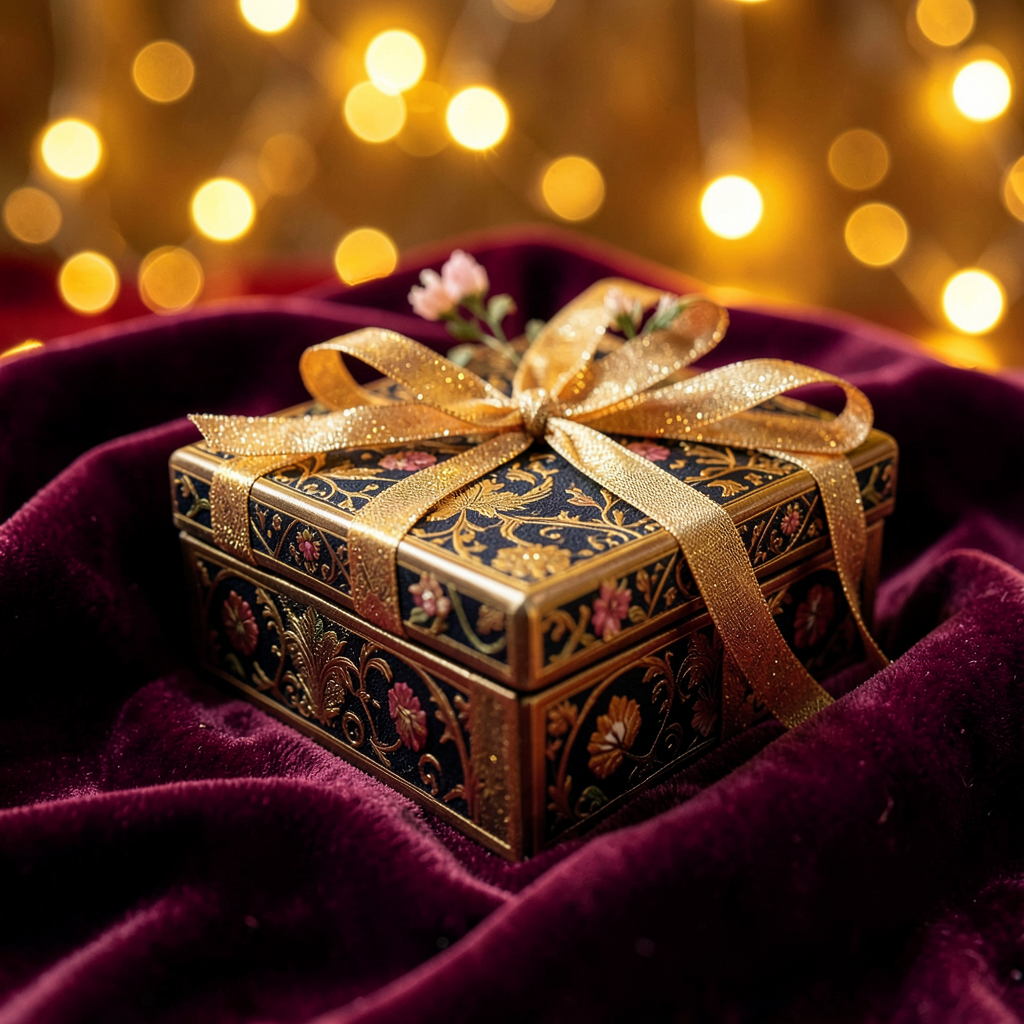 Boîte cadeau élégante avec logo personnalisable, présentée avec un collier et une note d'accompagnement