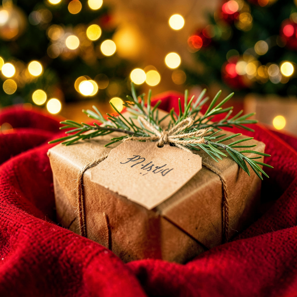 Une boîte de cadeaux de Noël pour maman avec un parfum et des accessoires pratiques.