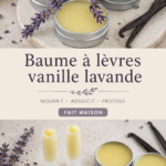 Baume à lèvres fait maison à la vanille et à la lavande dans un petit pot en verre.