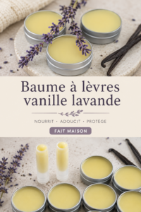 Baume à lèvres fait maison à la vanille et à la lavande dans un petit pot en verre.
