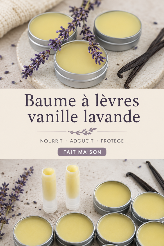 Baume à lèvres fait maison à la vanille et à la lavande dans un petit pot en verre.