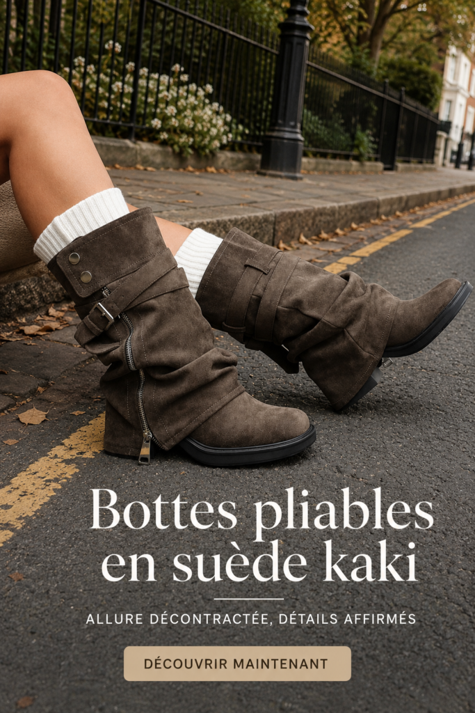 Bottines en suède khaki élégantes sur fond neutre, parfaites pour l'automne.