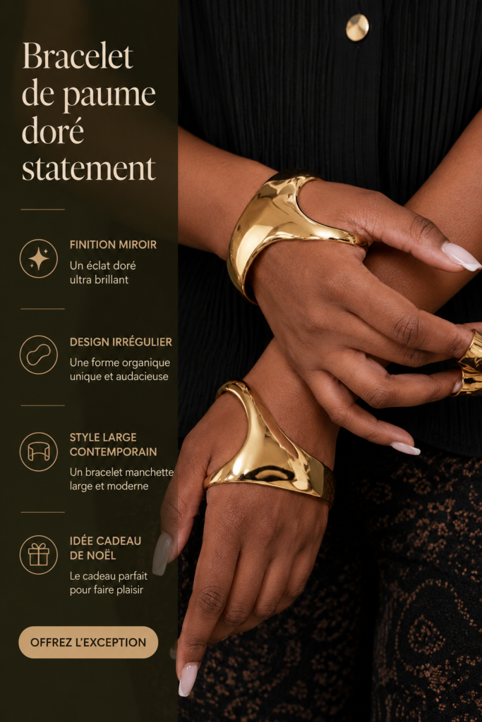 Bracelet doré en palme avec finition miroir, tendance et élégant.