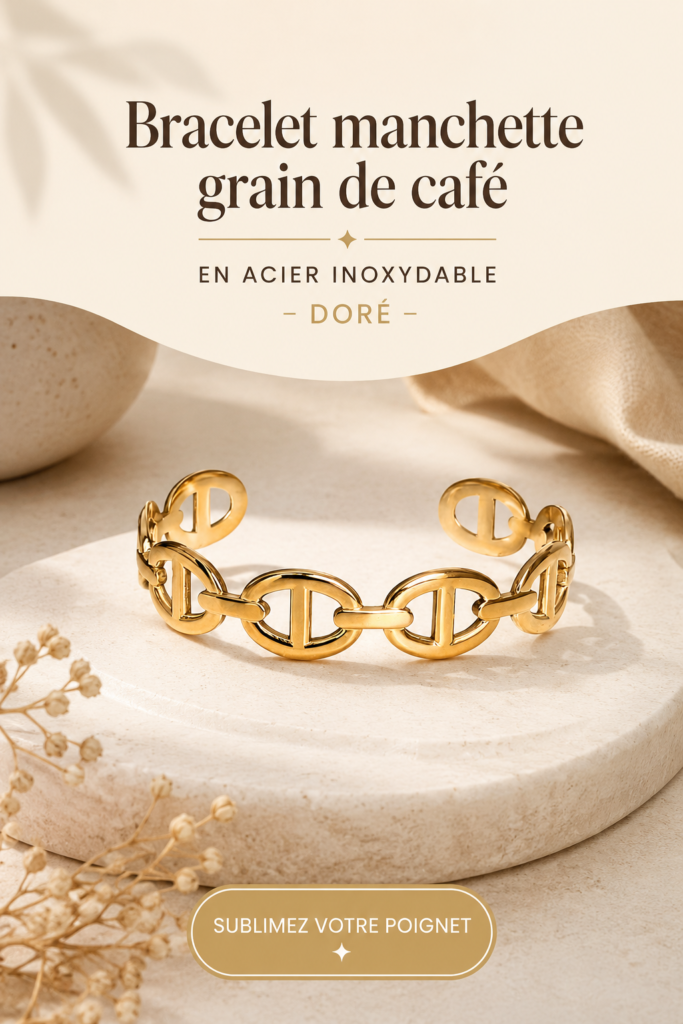 Bracelet manchette en acier inoxydable doré avec un design grain de café.