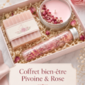 Coffret bien-être à la rose avec bougie, savon, huile et gommage
