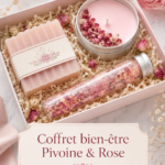 Coffret bien-être à la rose avec bougie, savon, huile et gommage