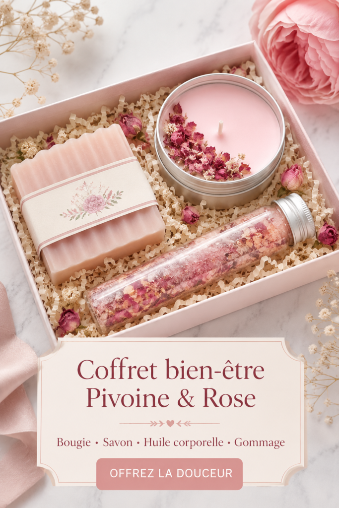 Coffret bien-être à la rose avec bougie, savon, huile et gommage