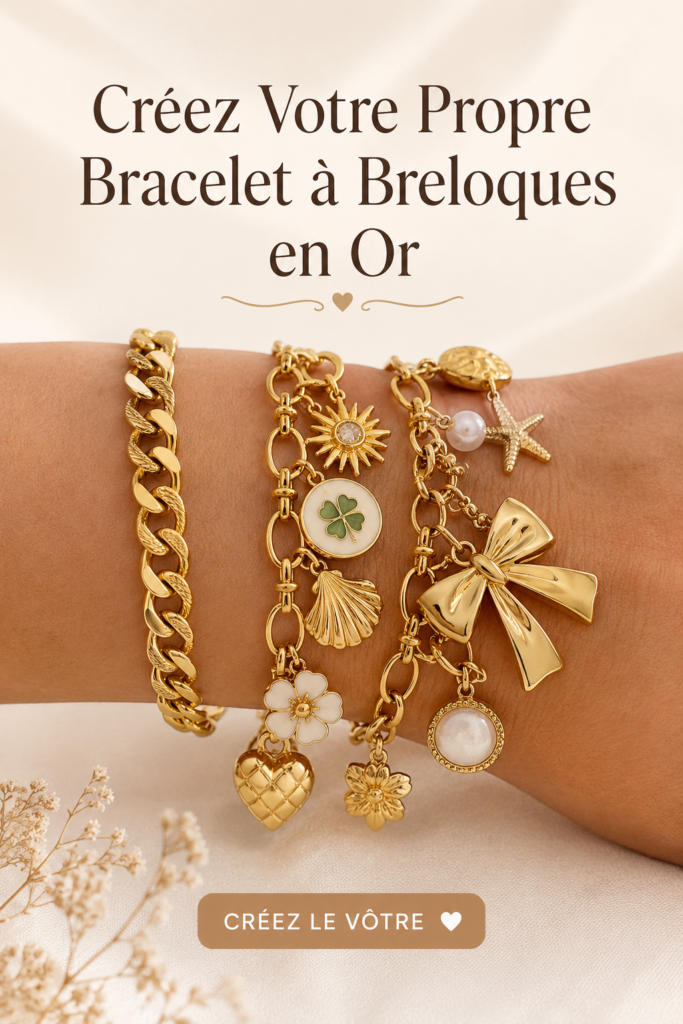 Bracelet charm en or élégant sur une table en bois.