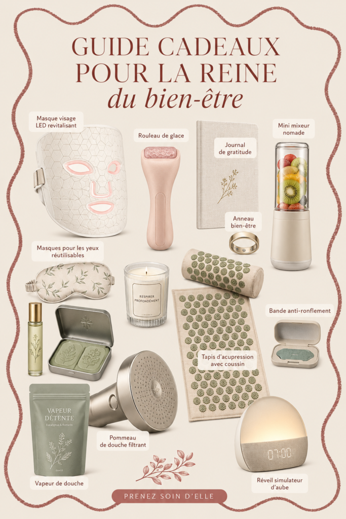 Un assortiment de cadeaux bien-être, comprenant des bougies, des thés et des accessoires de relaxation.