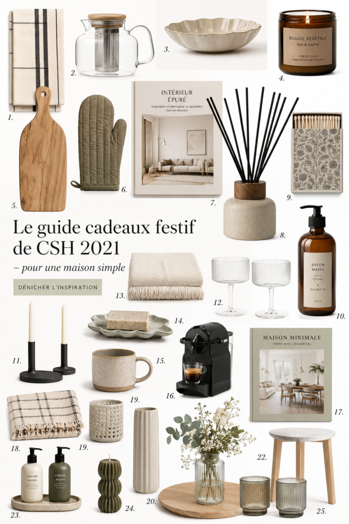 Un joli cadeau emballé avec soin devant un décor intérieur simple et chaleureux.