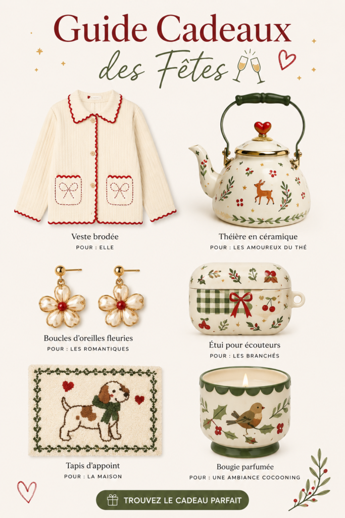 Un guide chaleureux des cadeaux de fête avec diverses idées au milieu de décorations festives.