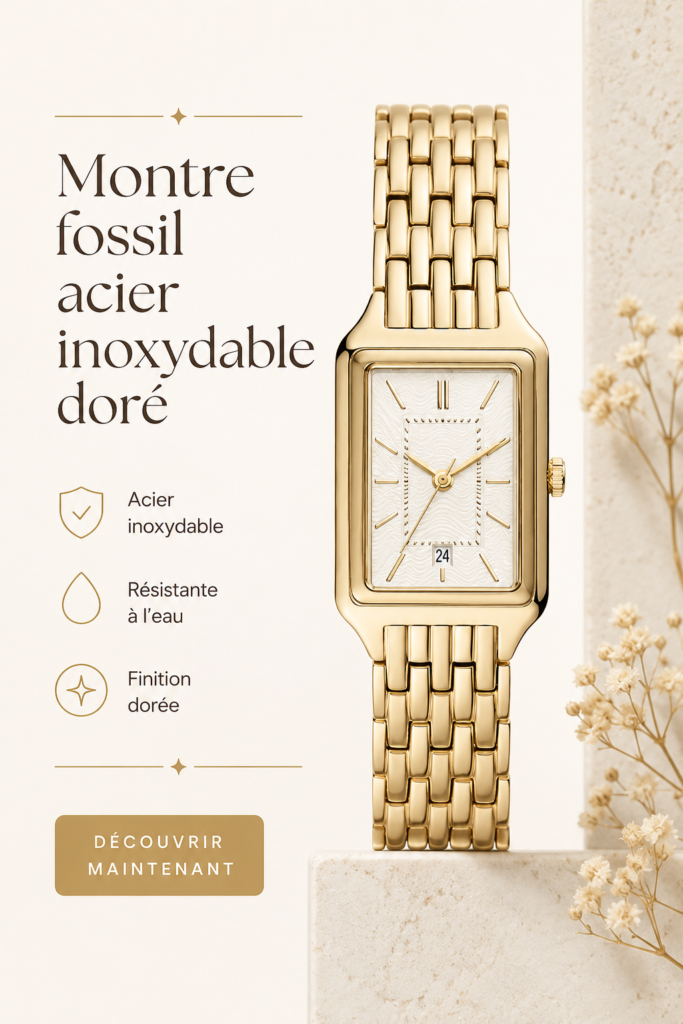 Une élégante montre en acier inoxydable doré sur un fond neutre, symbolisant le chic contemporain.