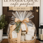 Panier cadeau rempli de cafés variés et d'accessoires cosy