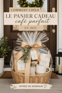 Panier cadeau rempli de cafés variés et d'accessoires cosy