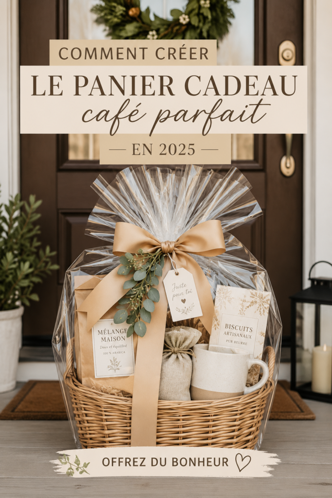 Panier cadeau rempli de cafés variés et d'accessoires cosy