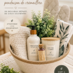 Panier cadeau chaleureux pour une crémaillère rempli de délices et d'objets décoratifs.