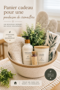 Panier cadeau chaleureux pour une crémaillère rempli de délices et d'objets décoratifs.