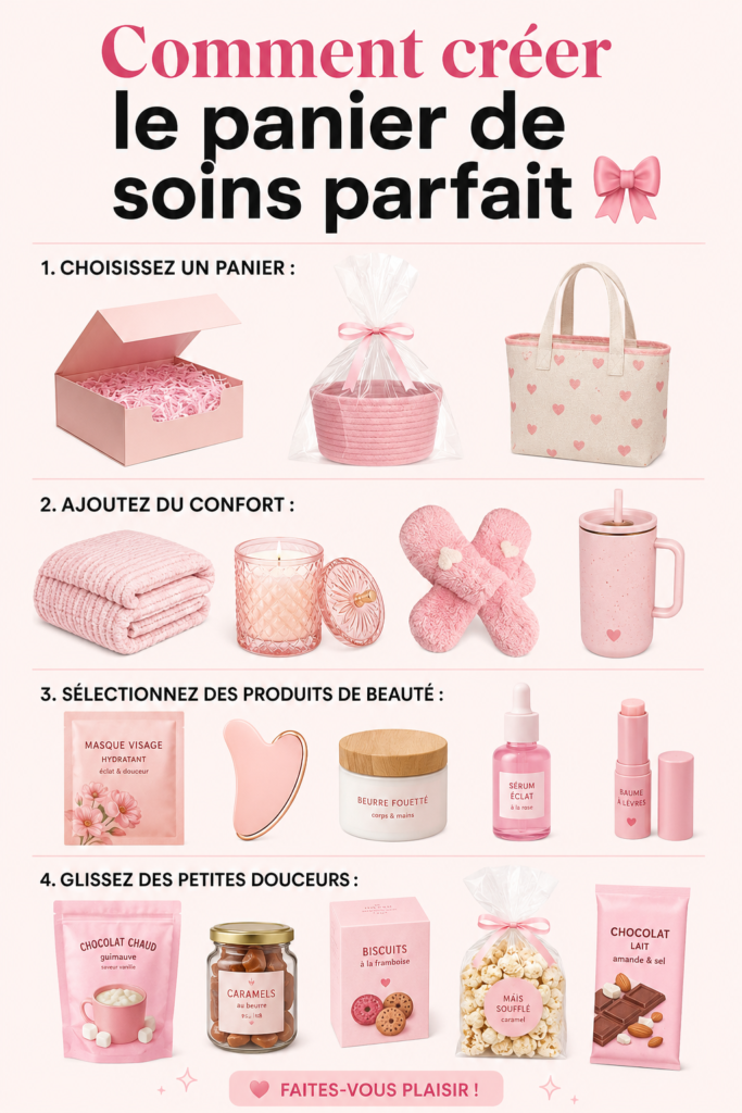 Panier de soins fait maison avec divers produits de bien-être
