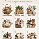 Panier cadeau décoré pour la fête des mères, rempli d'objets variés et colorés.