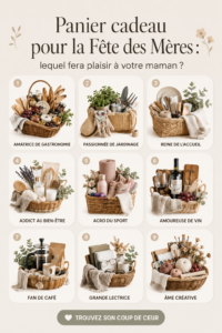Panier cadeau décoré pour la fête des mères, rempli d'objets variés et colorés.