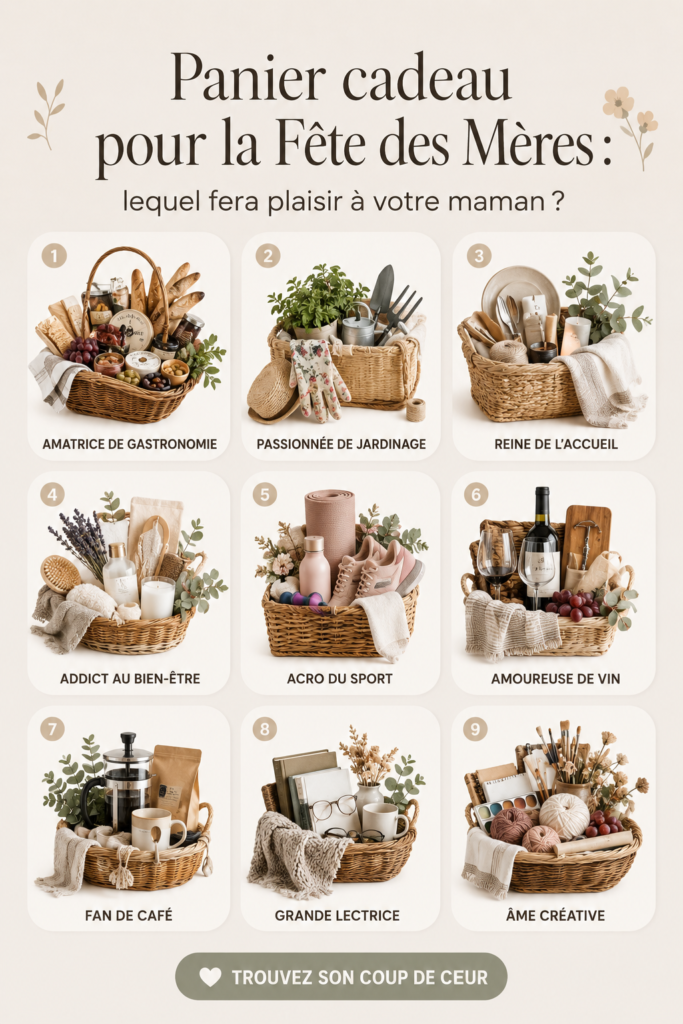 Panier cadeau décoré pour la fête des mères, rempli d'objets variés et colorés.