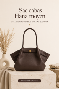 Sac tote moyen Hana en brun foncé posé sur une table avec des accessoires de mode.