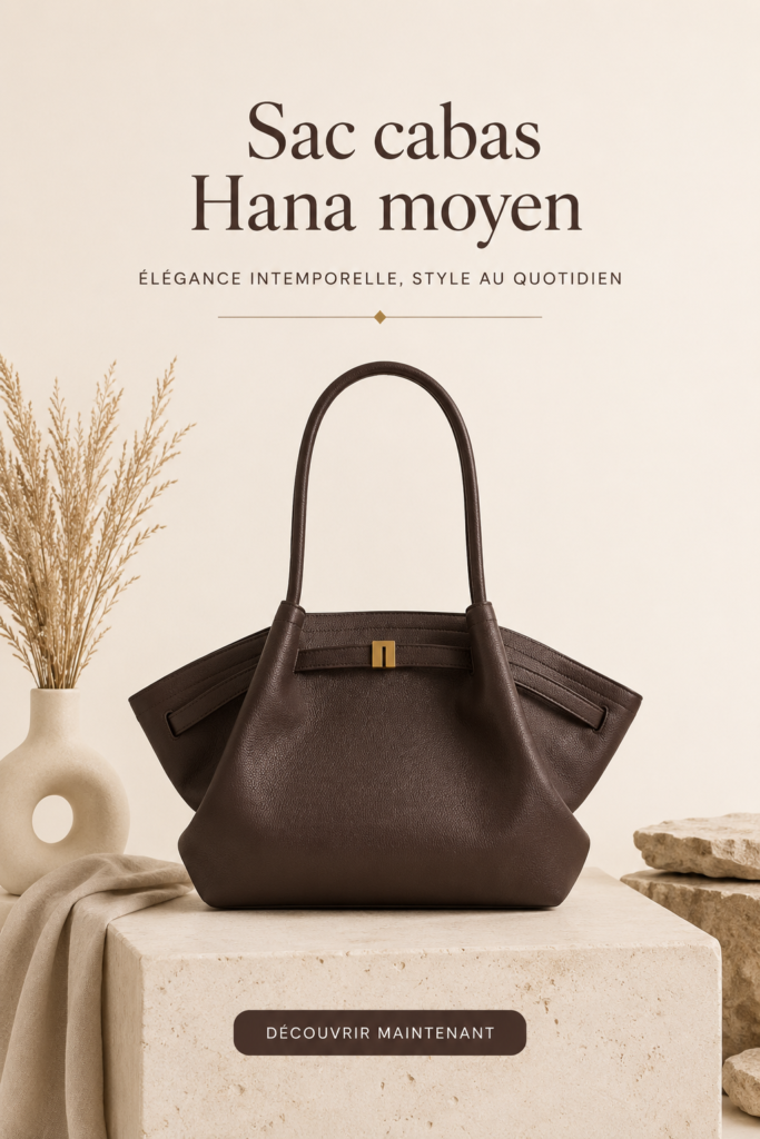 Sac tote moyen Hana en brun foncé posé sur une table avec des accessoires de mode.