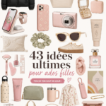 Image colorée présentant des idées de wishlist pour adolescentes avec des cadeaux tendance.