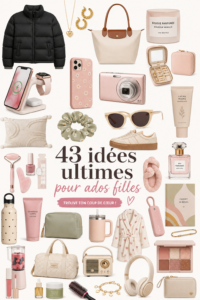 Image colorée présentant des idées de wishlist pour adolescentes avec des cadeaux tendance.