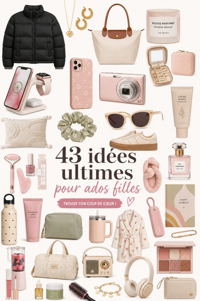 Image colorée présentant des idées de wishlist pour adolescentes avec des cadeaux tendance.