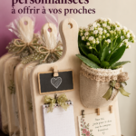 Un assortiment d'attentions personnalisées sur une table, incluant des cadeaux et des cartes.