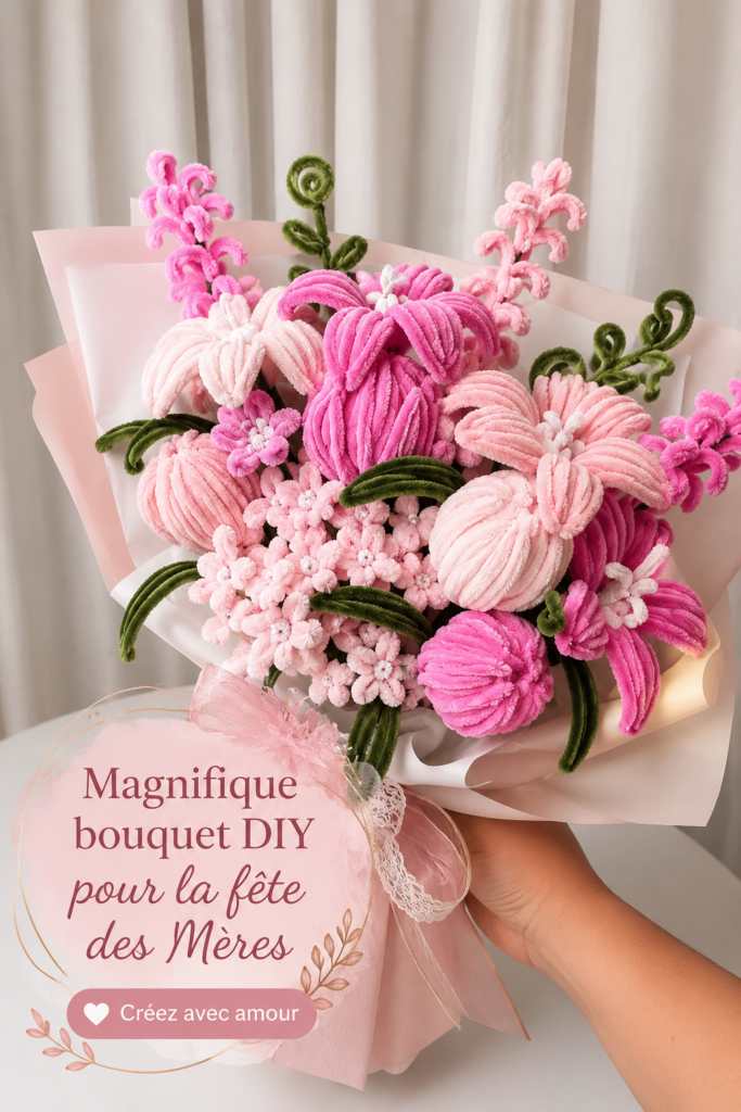 Bouquet DIY coloré pour la fête des mères, composé de fleurs variées dans un joli vase.