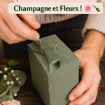 Un joli arrangement de fleurs avec des bouteilles de champagne pour la fête des mères.