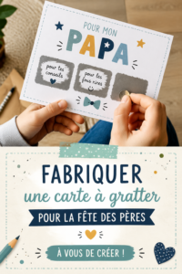 Carte à gratter colorée pour la fête des pères avec des éléments décoratifs.