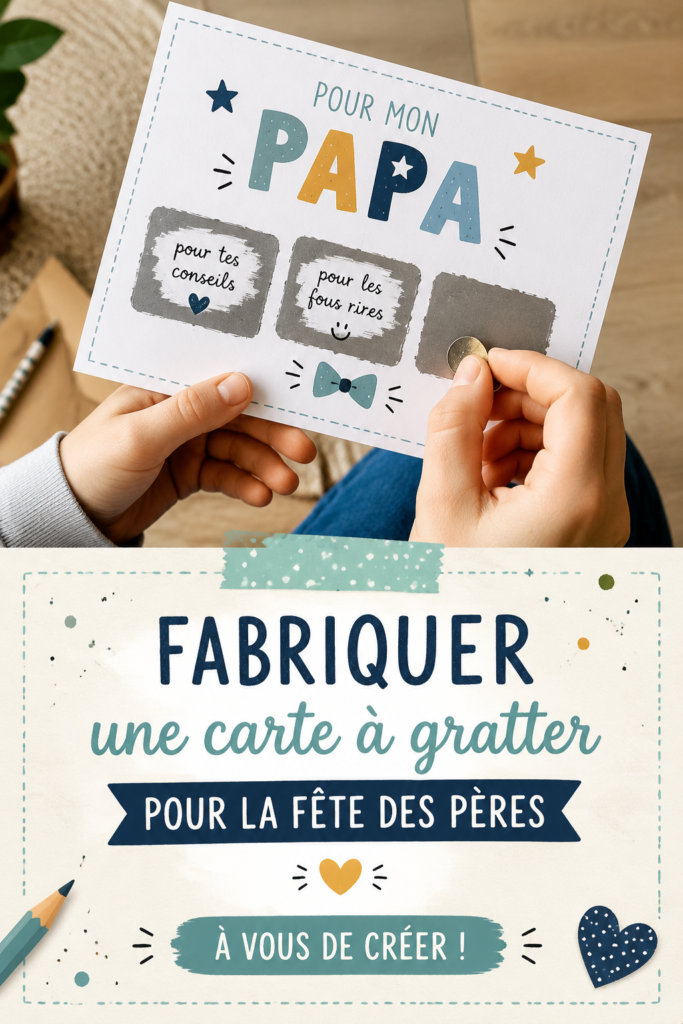 Carte à gratter colorée pour la fête des pères avec des éléments décoratifs.