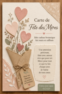 Carte de fête des mères faite main avec des éléments botaniques.