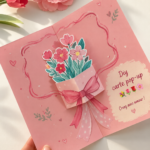 Carte pop-up colorée avec des fleurs en papier, réalisée à la main.