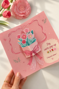 Carte pop-up colorée avec des fleurs en papier, réalisée à la main.