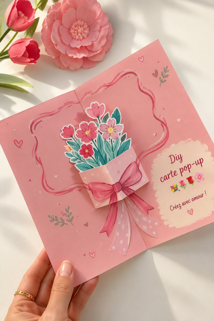Carte pop-up colorée avec des fleurs en papier, réalisée à la main.