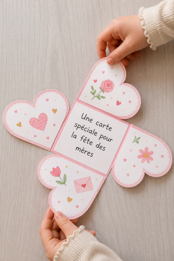 Carte faite main pour la fête des mères, décorée avec des fleurs et un message doux.