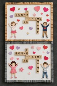 Célébration chaleureuse pour Mamie avec des petits-enfants et des décorations colorées.
