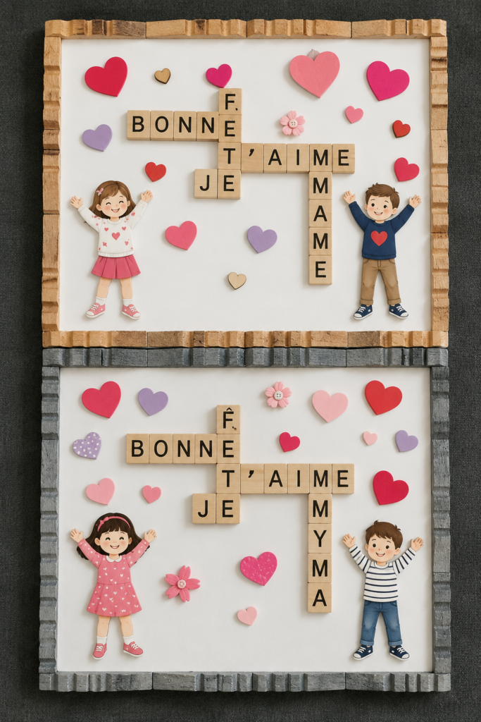 Célébration chaleureuse pour Mamie avec des petits-enfants et des décorations colorées.