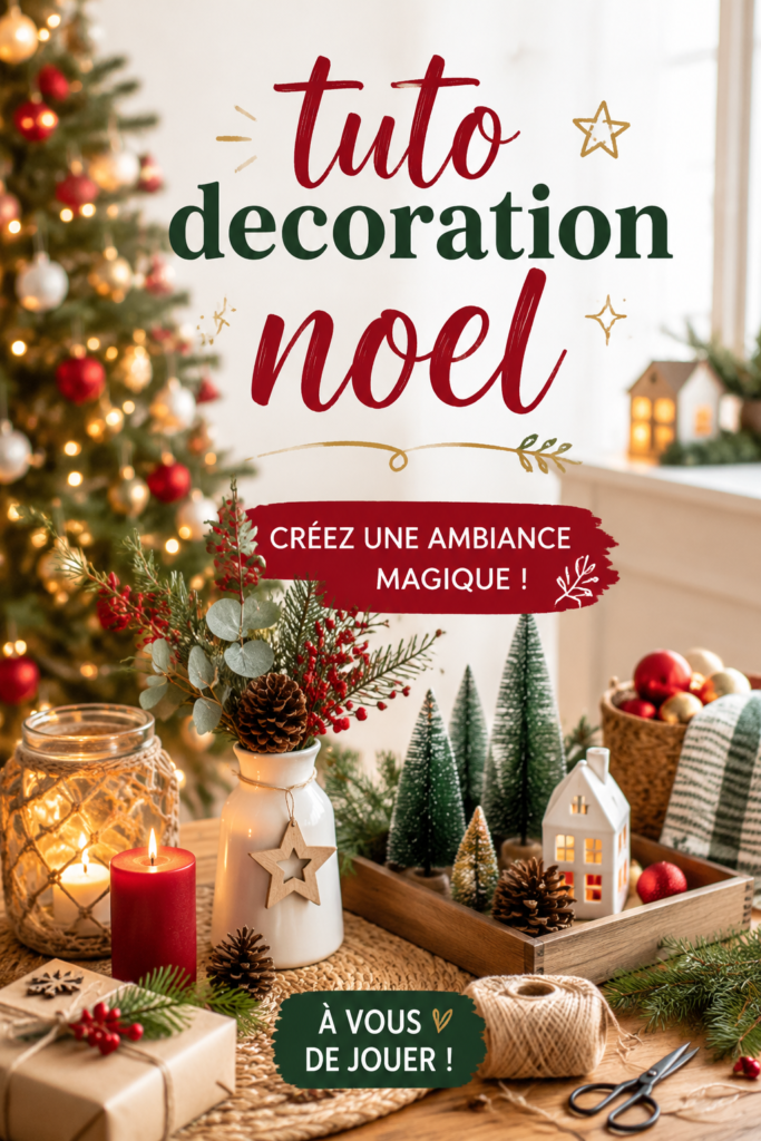 Décoration de Noël chaleureuse dans un intérieur cozy avec des lumières et des ornements faits main.