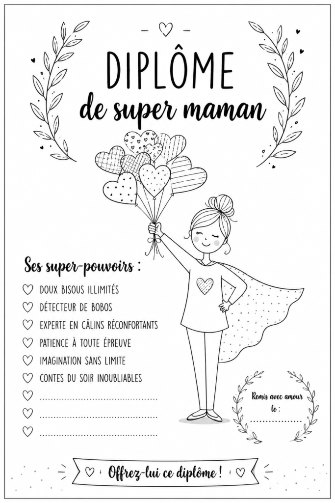 Diplôme de super maman personnalisé avec des décorations florales.