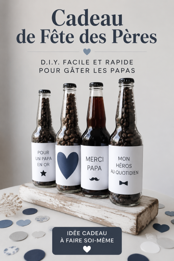 Cadeau fait main pour la Fête des Pères, montrant des outils de bricolage et des éléments personnalisés.