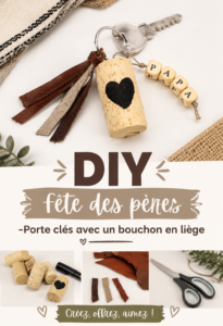 Porte-clés en liège fait main pour la fête des pères, décoré avec des motifs uniques.