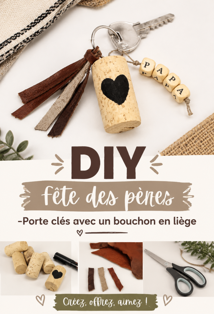 Porte-clés en liège fait main pour la fête des pères, décoré avec des motifs uniques.
