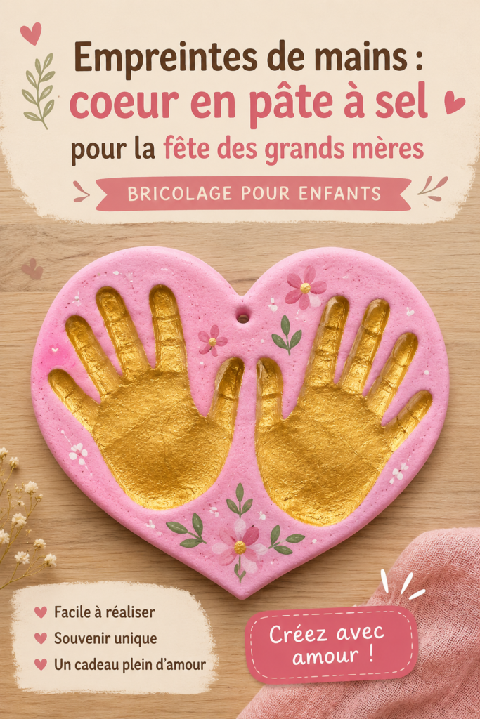 Un joli cœur en pâte à sel avec des empreintes de mains, parfait pour un cadeau de fête des grands-mères.