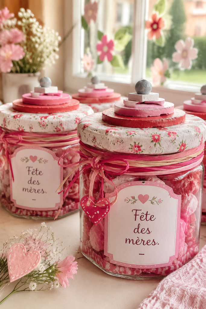 Une table décorée pour la fête des mères avec des fleurs et des cadeaux.